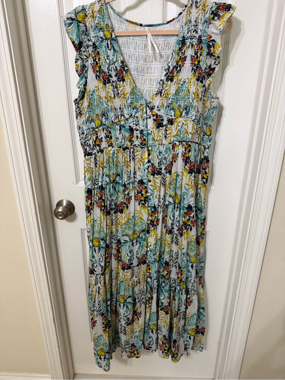 Anthropologie Floral Smocked Button Front Midi Maxi Dress Size L